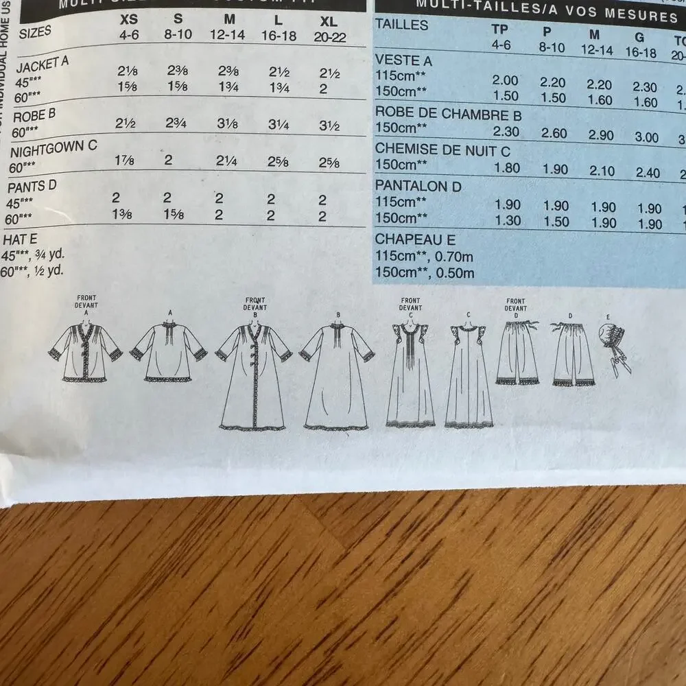 Butterick Historical Sewing Pattern B5061 Robe Nightgown Pants Hat Size L XL